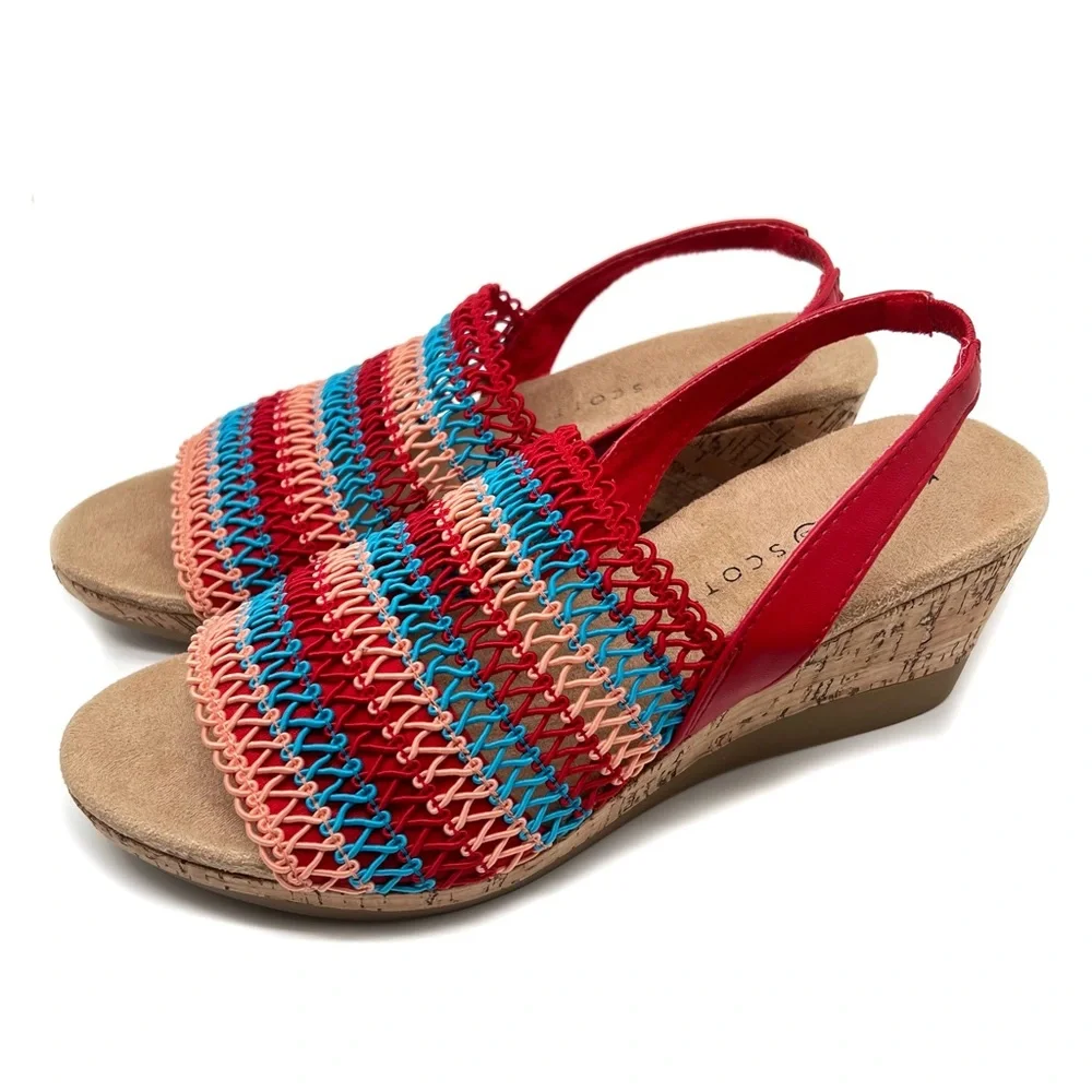 Karen Scott Meriamm Macrame Cork Slingback Wedge Sandals Red Stripe Size 8